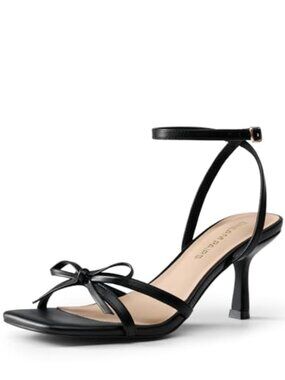 Women's Kitten Heel Strappy Bow Sandals Square Toe Satin Ankle Strap